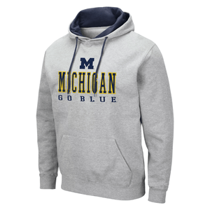 Gray hoodie with \“Michigan Go Blue\“ text and logo in blue and yellow, featuring a front pocket and a dark blue lined hood.