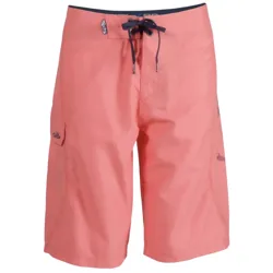 Coral-colored board shorts with a navy drawstring and side pocket detail, suitable for swimming or casual wear.