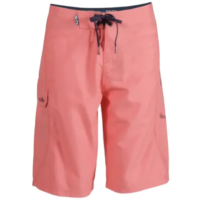 Coral-colored board shorts with a navy drawstring and side pocket detail, suitable for swimming or casual wear.