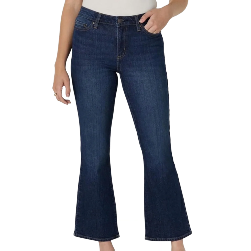 Dark blue bootcut jeans with a mid-rise fit, featuring classic five-pocket styling and a slight flare at the hem.