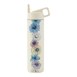 A cream-colored water bottle featuring a loop handle lid and a vertical floral design with blue, white, pink, yellow, and teal flowers. Text on the bottle reads \“Life is Good.\“