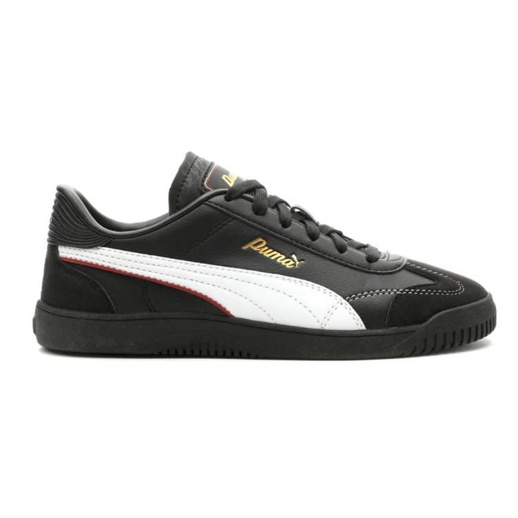 Black Puma sneaker with gold branding, featuring a white stripe and red accents.