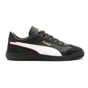 Black Puma sneaker with gold branding, featuring a white stripe and red accents.