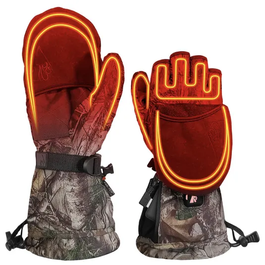 Heated camouflaged mittens with visible heating elements, featuring adjustable wrist straps and drawstring cuffs for a secure fit.
