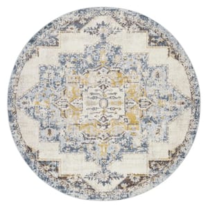 Round rug featuring a distressed medallion design in blue, yellow, and cream colors, measuring 7'10\“ in diameter.