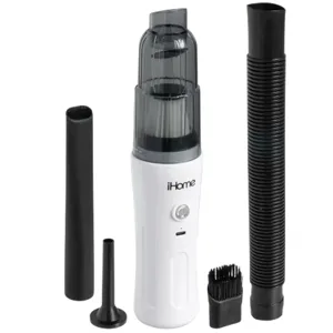 A compact handheld vacuum cleaner with a white body and gray detachable dust container, accompanied by various attachments including a crevice tool, brush, and extension hose.
