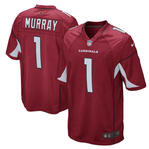 A red Arizona Cardinals NFL jersey with the number 1 and the name \“Murray\“ on the back.