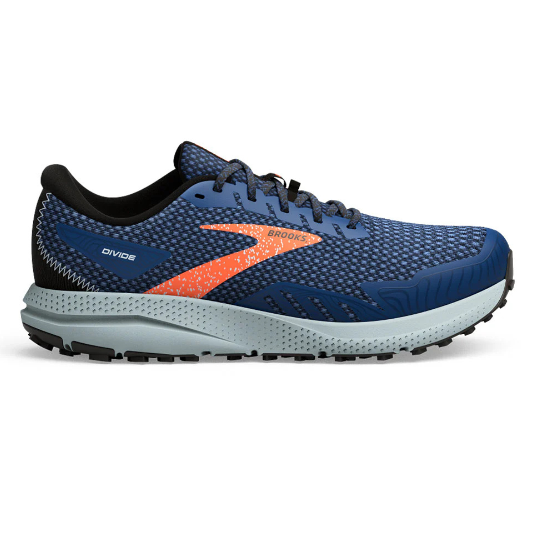 Blue and black trail running shoe with an orange logo, featuring a textured upper and cushioned sole for comfort and support.