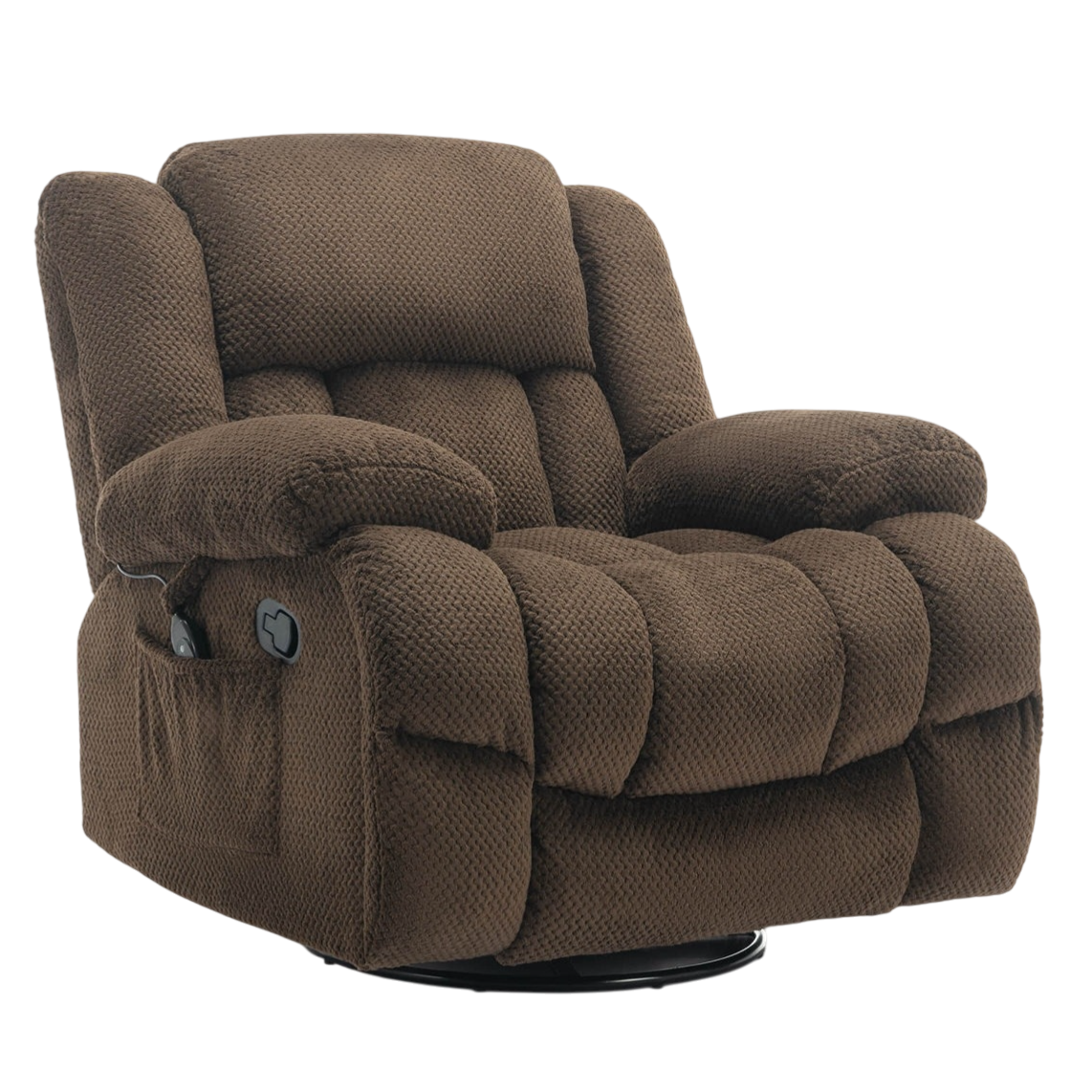 A brown, cushioned recliner chair with a textured fabric, featuring an armrest lever for reclining and an attached side pocket.