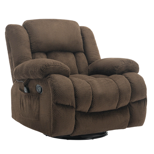 A brown, cushioned recliner chair with a textured fabric, featuring an armrest lever for reclining and an attached side pocket.