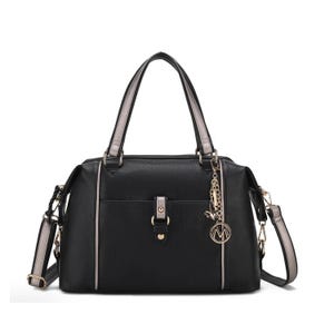 A black leather handbag with metallic accents and an attached logo charm.