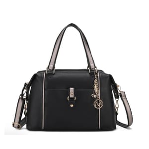 A black leather handbag with metallic accents and an attached logo charm.