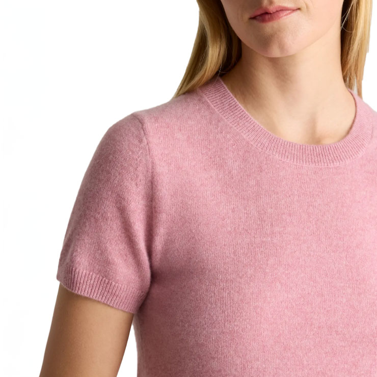 A short-sleeve crewneck tee made from 100% Mongolian cashmere, featuring a soft pink color with a fine, smooth texture.