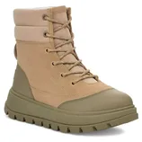 Tan and olive green lace-up ankle boot with a rugged sole and padded collar.