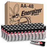 Energizer Max AA batteries in a box labeled AA-48, featuring the Energizer Bunny graphic.