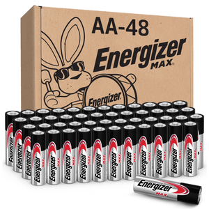 Energizer Max AA batteries in a box labeled AA-48, featuring the Energizer Bunny graphic.