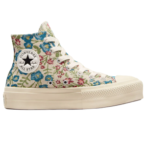 Converse Chuck Taylor All Star high-top sneaker with a floral tapestry pattern, featuring a classic design with a rubber sole and white laces.
