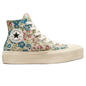 Converse Chuck Taylor All Star high-top sneaker with a floral tapestry pattern, featuring a classic design with a rubber sole and white laces.
