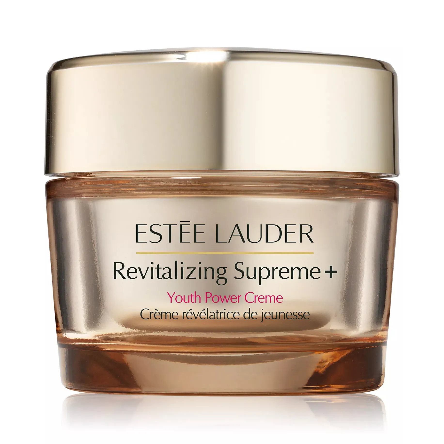 Estée Lauder Revitalizing Supreme+ Youth Power Creme with a gold lid and a transparent jar.
