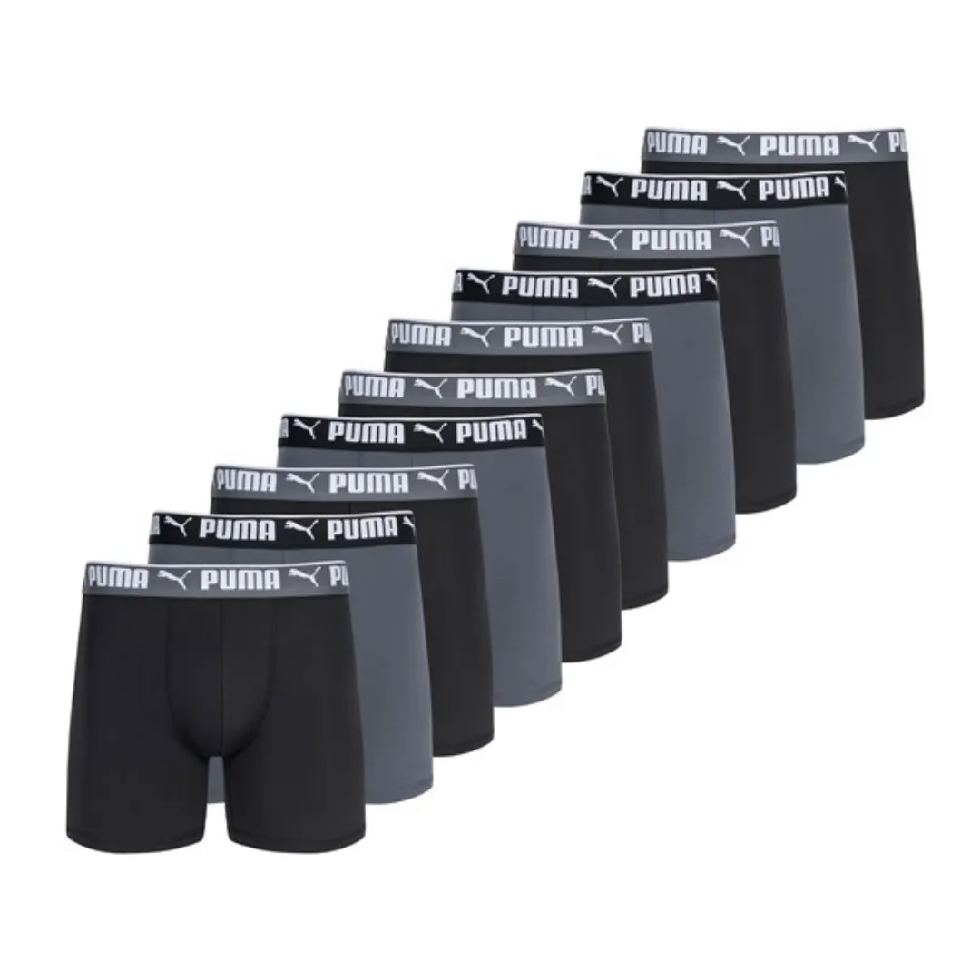 A pack of 10 Puma men's boxer briefs in various shades of black and gray, each with a black elastic waistband featuring the Puma logo.