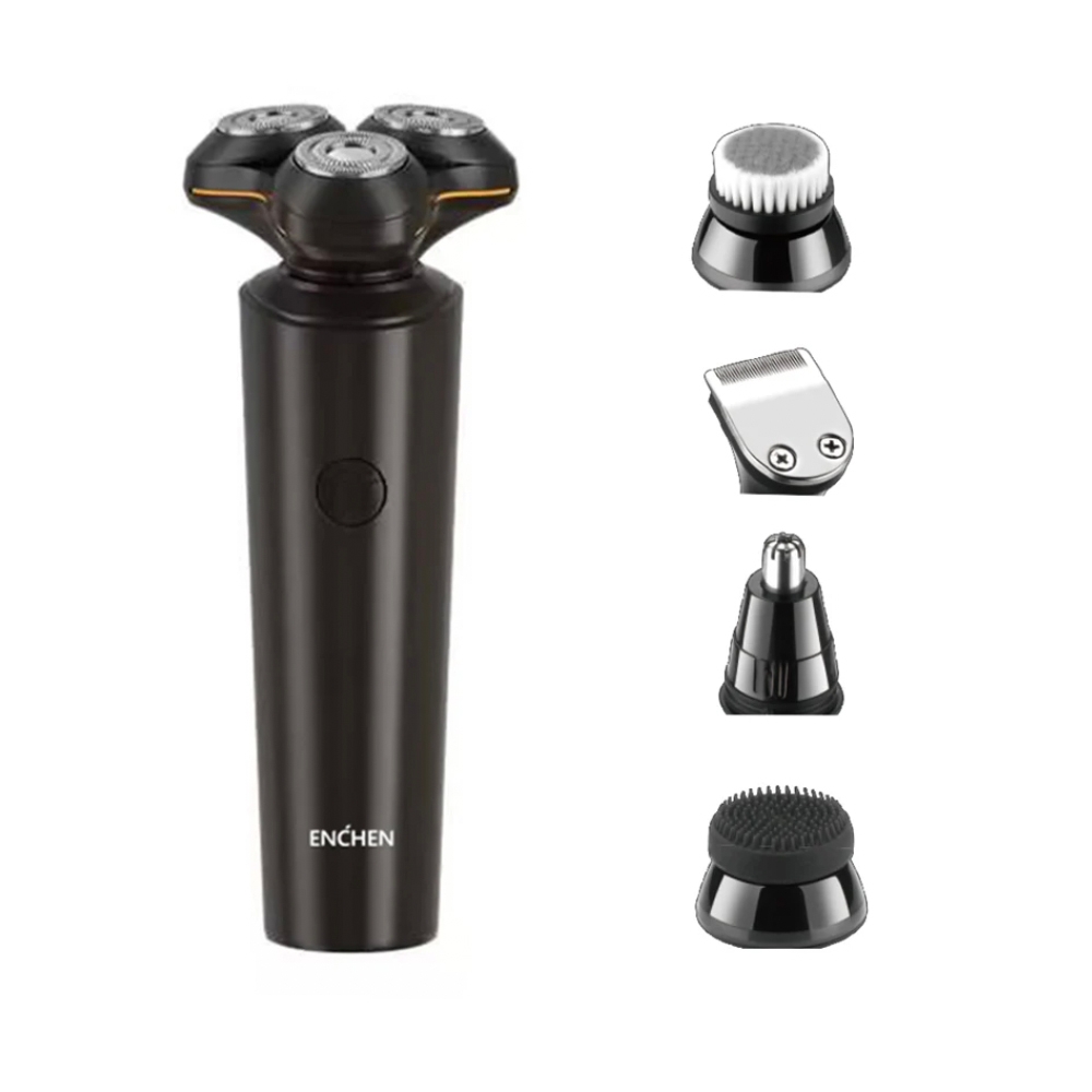 Electric shaver with interchangeable heads for shaving, facial cleansing, nose hair trimming, and hair clipping.