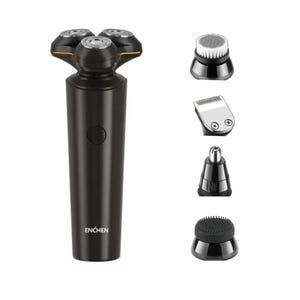 Electric shaver with interchangeable heads for shaving, facial cleansing, nose hair trimming, and hair clipping.
