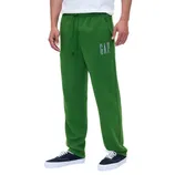 Green sweatpants with \“GAP\“ logo on the left thigh, featuring a drawstring waist. Styled with blue and white sneakers and a white shirt.