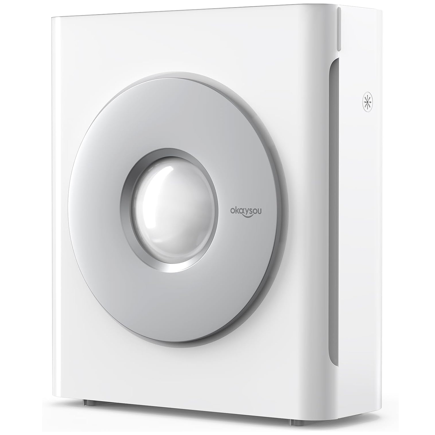 A sleek white Okaysou air purifier designed for large rooms, featuring a modern circular front panel.