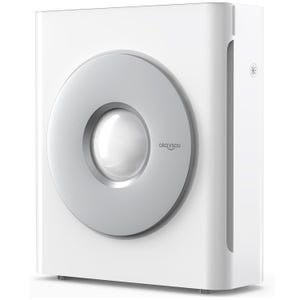 A sleek white Okaysou air purifier designed for large rooms, featuring a modern circular front panel.