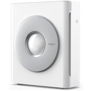 A sleek white Okaysou air purifier designed for large rooms, featuring a modern circular front panel.