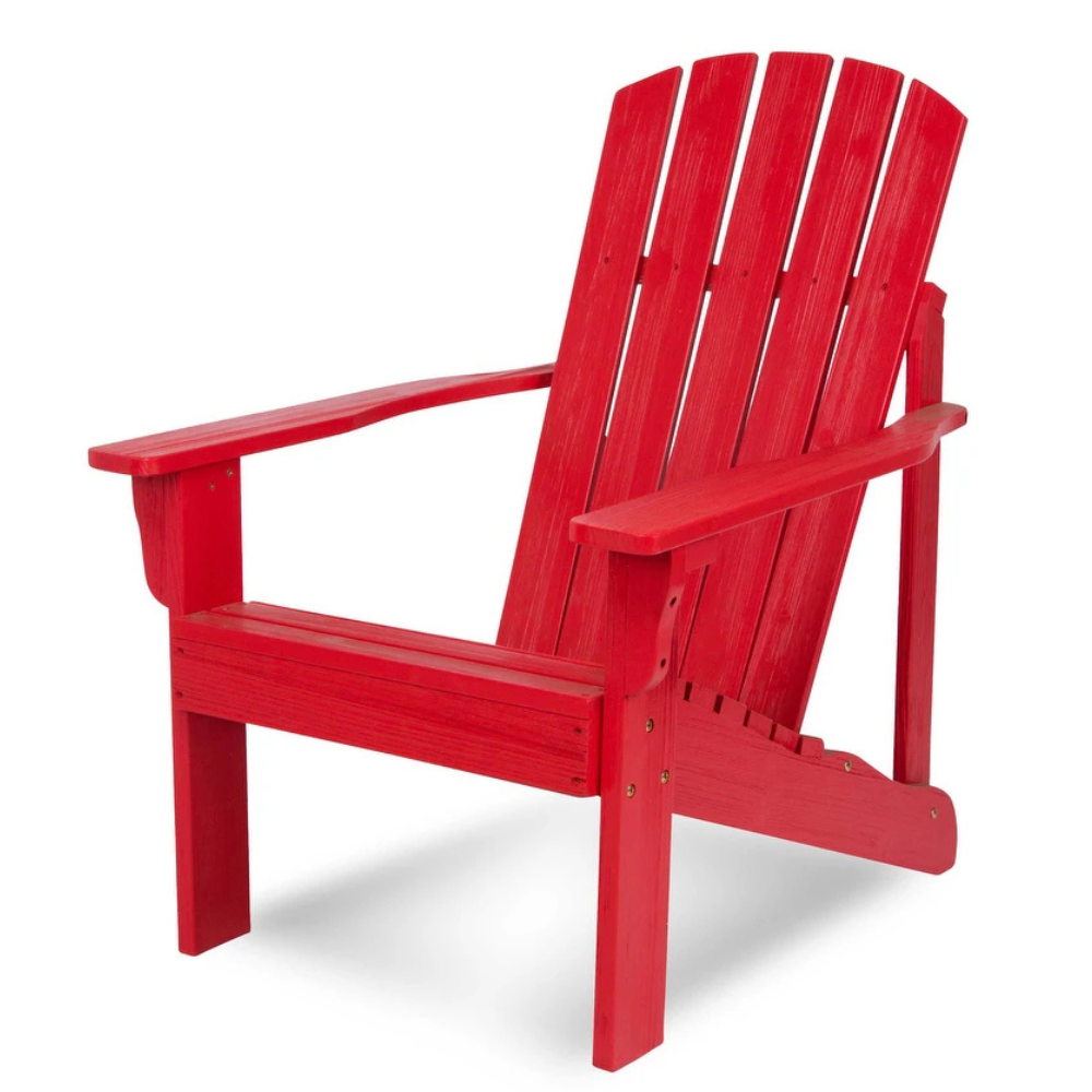A red Adirondack chair made of slatted wood with a high back, wide armrests, and slightly reclined seat, designed for outdoor use.