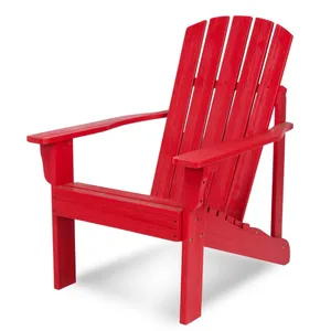 A red Adirondack chair made of slatted wood with a high back, wide armrests, and slightly reclined seat, designed for outdoor use.
