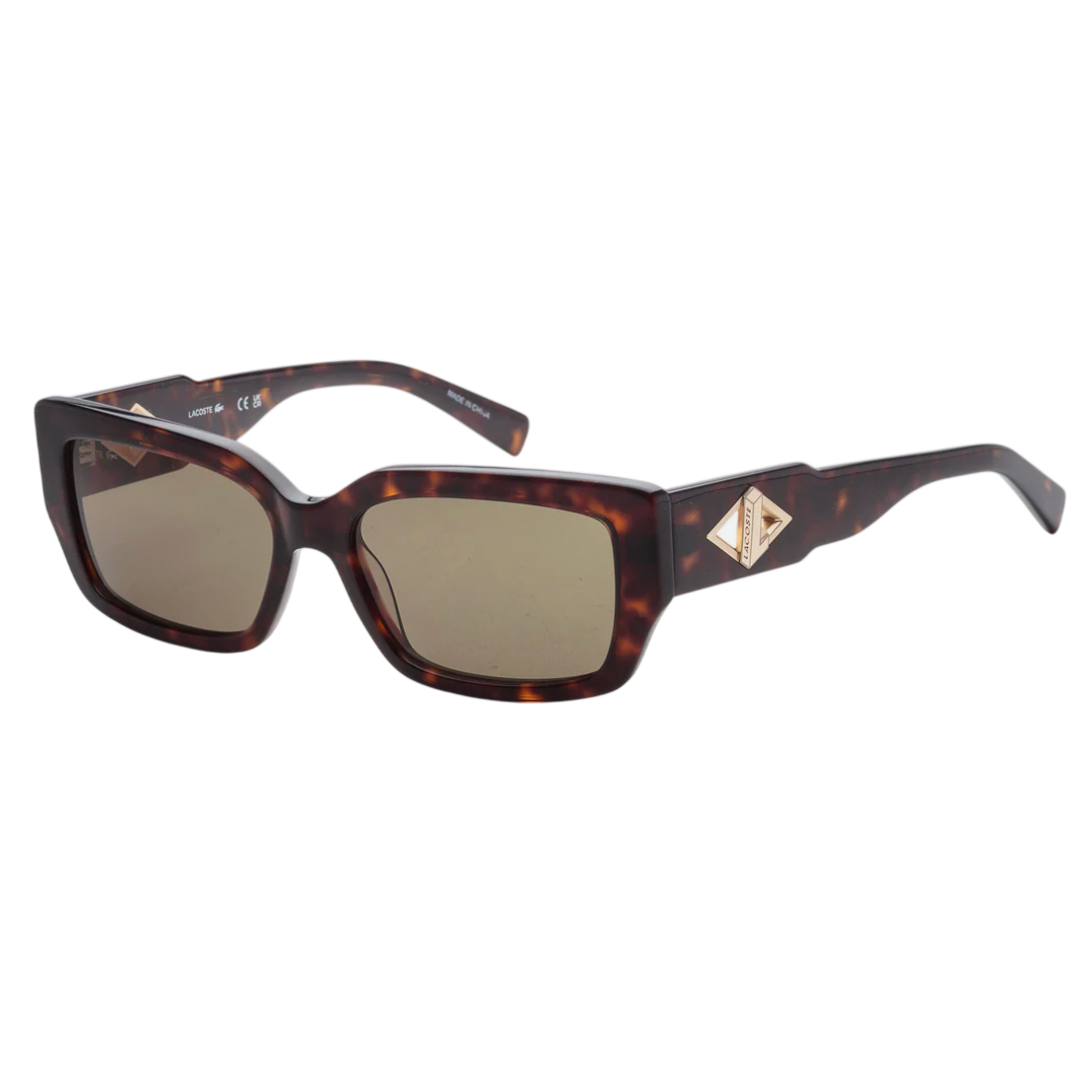 Tortoiseshell rectangular sunglasses with brown lenses, featuring a gold-tone diamond-shaped accent on the temples.