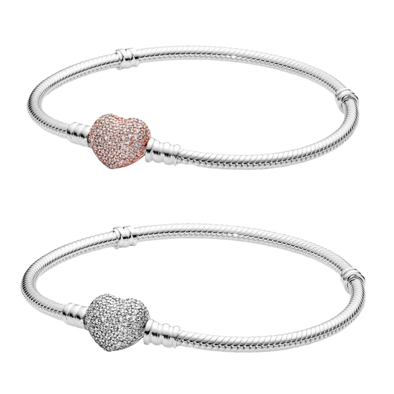 Two silver snake chain bracelets feature heart-shaped clasps adorned with crystals. One bracelet has a rose gold-toned heart clasp, while the other has a silver-toned heart clasp.