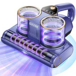 A handheld vacuum cleaner with dual cylindrical components, blue and gold accents, displaying glowing purple spirals and a sleek design, labeled \“GYZSK.\“