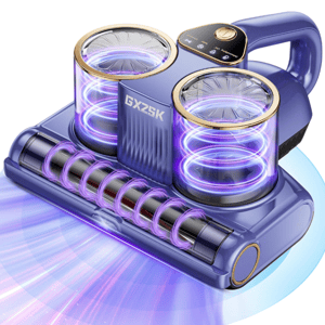 A handheld vacuum cleaner with dual cylindrical components, blue and gold accents, displaying glowing purple spirals and a sleek design, labeled \“GYZSK.\“