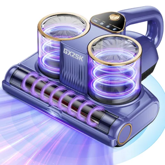 A handheld vacuum cleaner with dual cylindrical components, blue and gold accents, displaying glowing purple spirals and a sleek design, labeled \“GYZSK.\“
