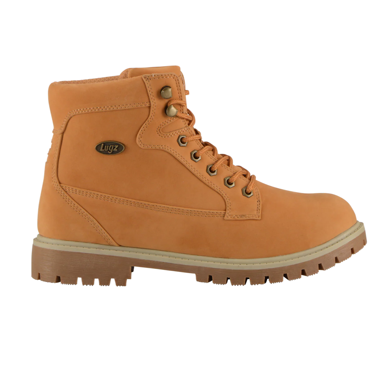 Tan Lugz work boot with a rugged sole, padded collar, and metal eyelets for durable lacing.