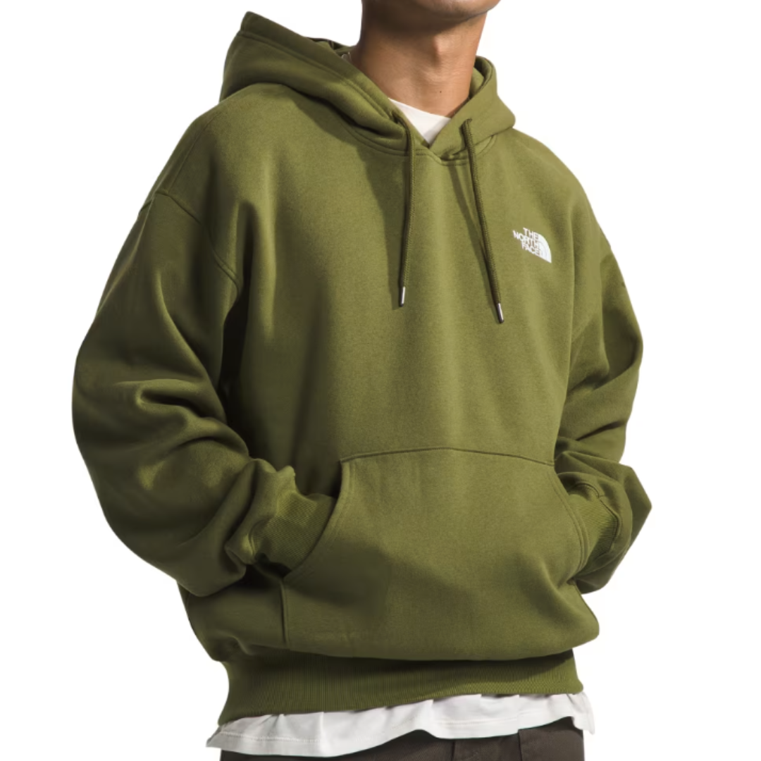 The North Face Evolution Hoodie is an olive green pullover with a drawstring hood and front pouch pocket, featuring the brand's logo on the chest. It is layered over a white shirt.