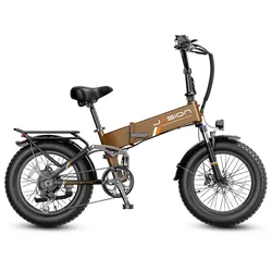 Folding electric bike with a sturdy frame, large tires, and a rear luggage rack. Features include front and rear disc brakes, suspension, and a foldable design, suitable for urban or rugged terrain riding.