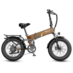 Folding electric bike with a sturdy frame, large tires, and a rear luggage rack. Features include front and rear disc brakes, suspension, and a foldable design, suitable for urban or rugged terrain riding.