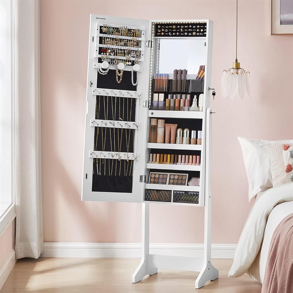 A white standing mirror with built-in LED lights opens to reveal a jewelry and makeup storage compartment.