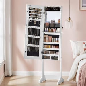 A white standing mirror with built-in LED lights opens to reveal a jewelry and makeup storage compartment.