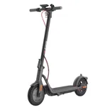 A sleek, black electric scooter with red accents, featuring a sturdy frame, handlebar controls, and front and rear wheels.