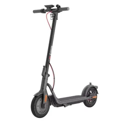 A sleek, black electric scooter with red accents, featuring a sturdy frame, handlebar controls, and front and rear wheels.