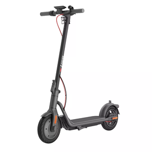 A sleek, black electric scooter with red accents, featuring a sturdy frame, handlebar controls, and front and rear wheels.