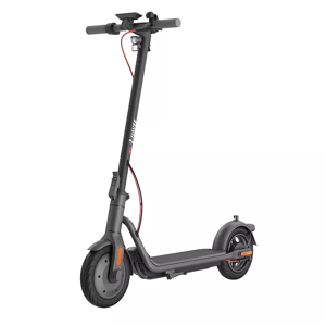 A sleek, black electric scooter with red accents, featuring a sturdy frame, handlebar controls, and front and rear wheels.
