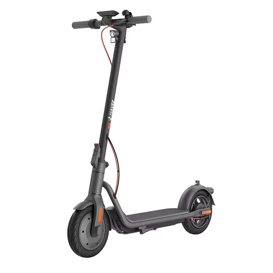 A sleek, black electric scooter with red accents, featuring a sturdy frame, handlebar controls, and front and rear wheels.