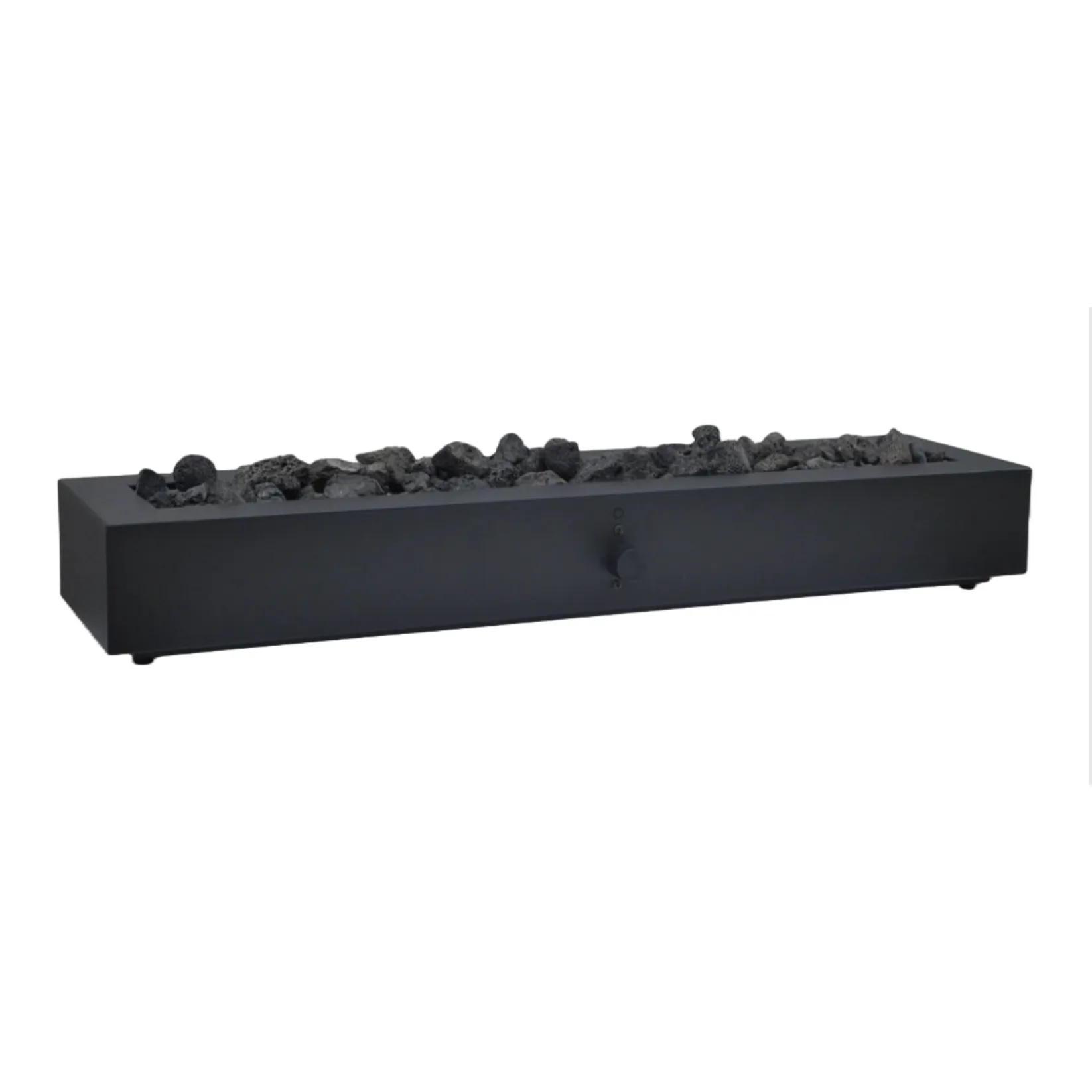 Black rectangular fire pit with lava rocks, featuring a control knob on the front.