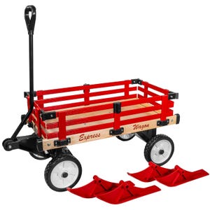 Red and wooden convertible wagon cart with a black handle, labeled \“Express Wagon,\“ featuring four wheels and three detachable red plastic sled attachments for different terrains.